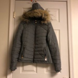 Grey winter jacket with faux fur hood